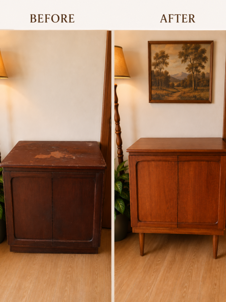 before and after pictures of a vintage wooden cabinet that has been restored