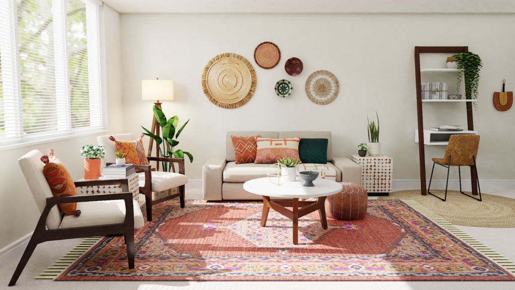 Interior design for a living room with chairs, sofa, coffee table and a vintage rug