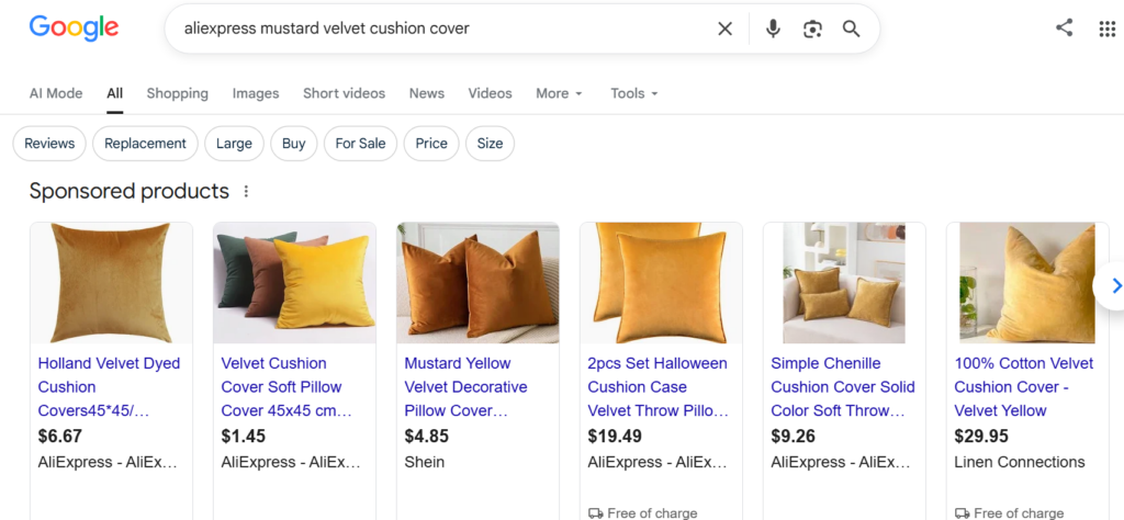Screenshot of an AliExpress search using Google showing cheap velvet mustard cushion covers