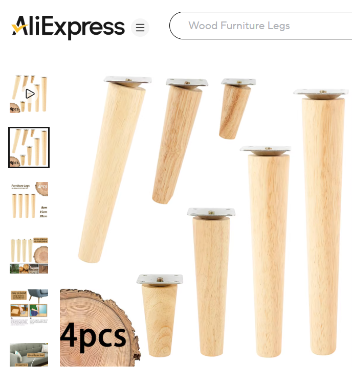 Screenshot showing a listing from AliExpress for wooden tapered furniture legs