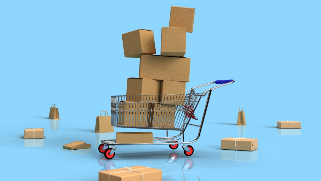 Shopping cart filled with brown boxes to indicate online shopping