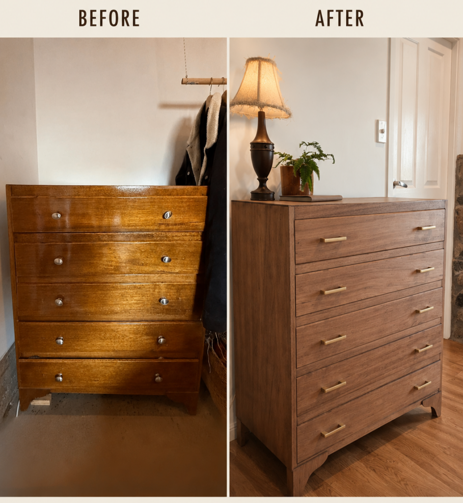 Before and after image of a restored teak chest of drawers