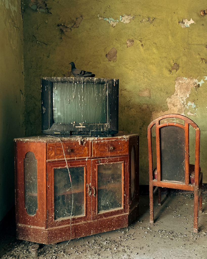Old cabinet, television and chair, covering in dust and dirt with a pigeon nesting on top and peeling paint on the walls. Requires restoration.