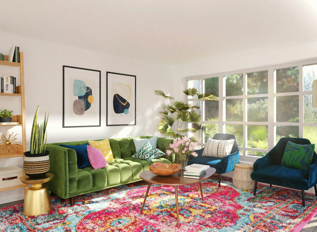 Colourful living room with green sofa and bright rug
