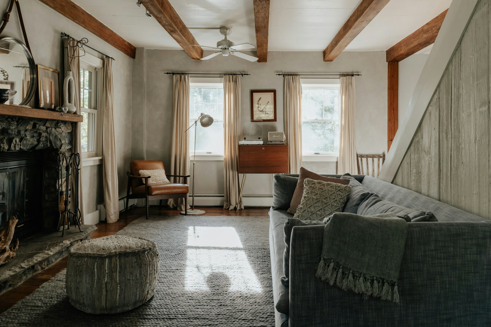 Interior design living room with exposed beams