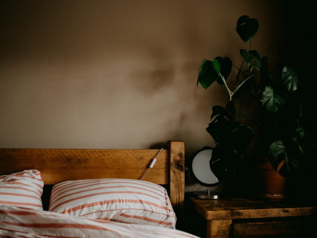 green plant on brown wooden table next to a bed with a chunky wooden bedframe